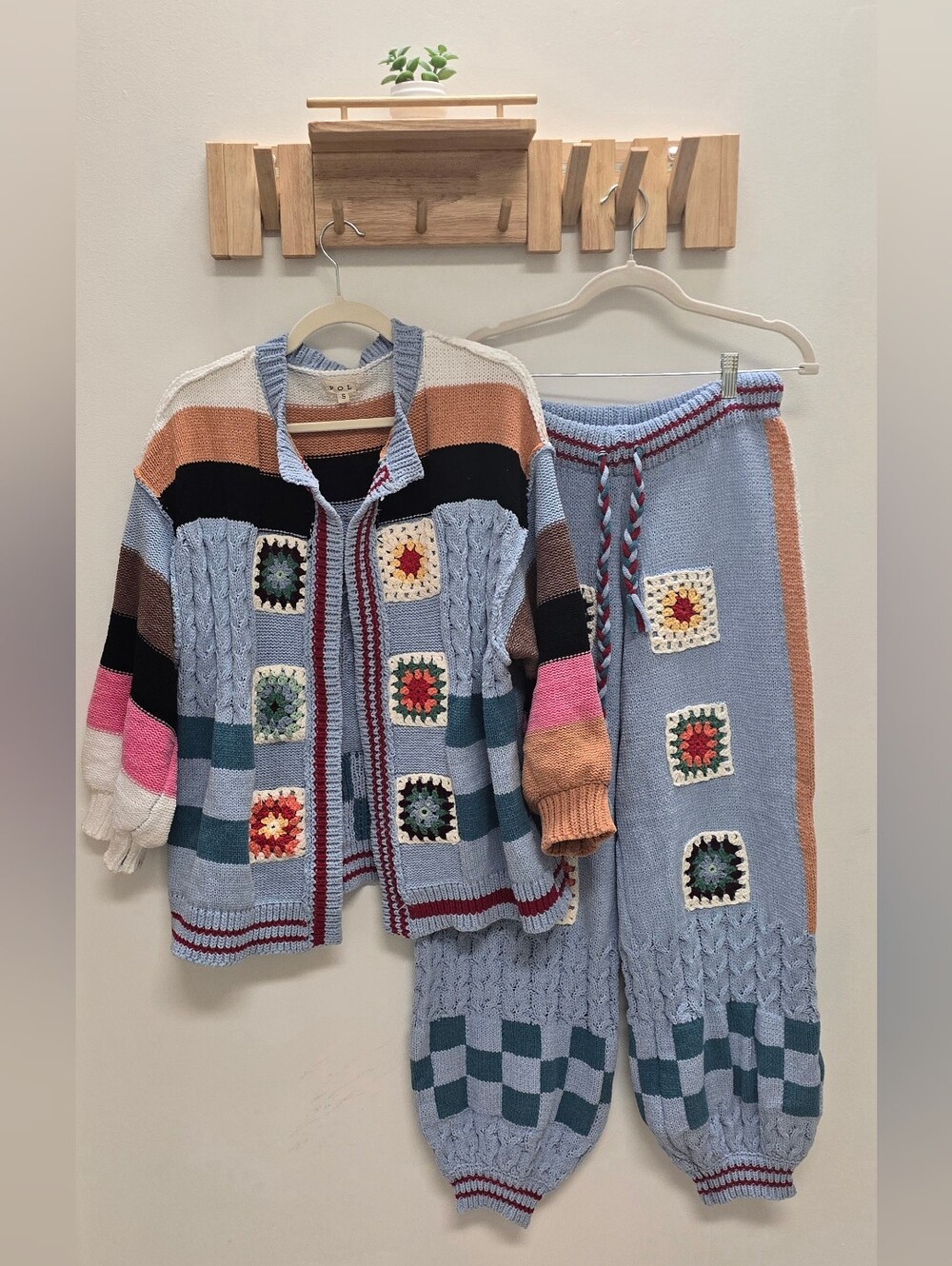 POL Crochet Granny Square Patch Chenille Sweater Cardigan Jogger Coordinated Set